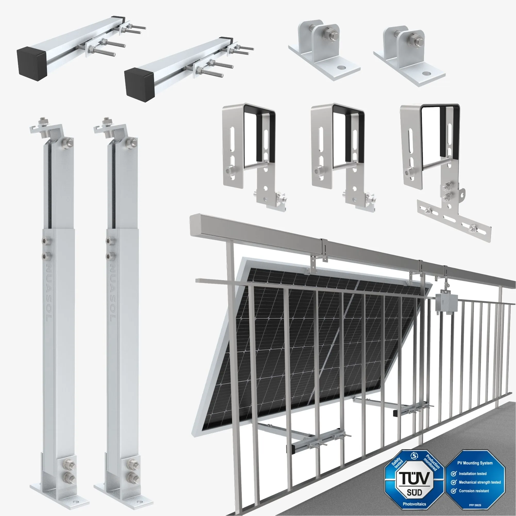 NuaSol - Balkongeländer-Halterung eckig für ein Solarmodul